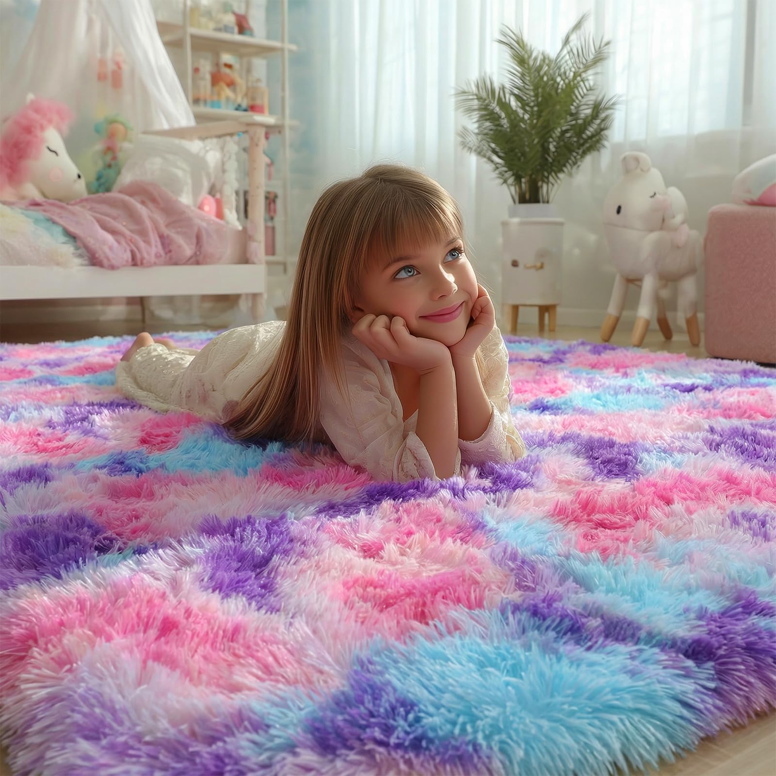 PAGISOFE rainbow fluffy carpet for girls room adds plush comfort