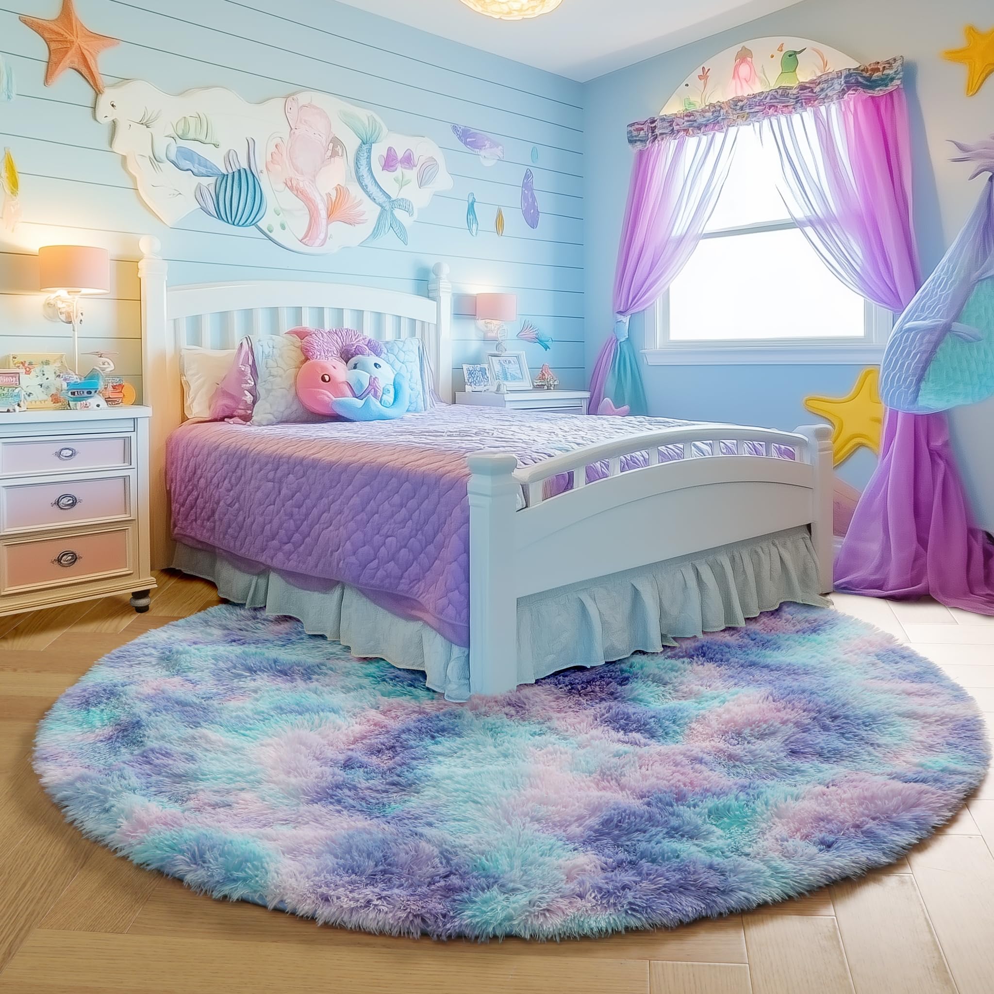 PAGISOFE rainbow mermaid rug close-up shows plush texture for comfort.