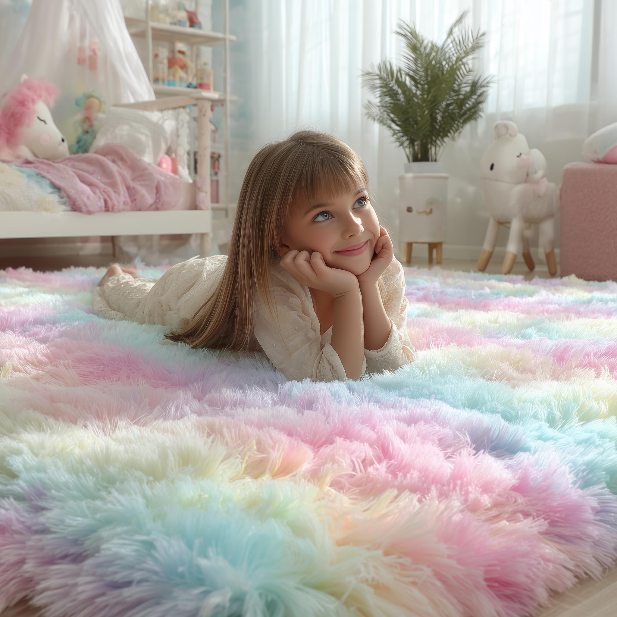 PAGISOFE unicorn shag rug in pastel colors for playful, cozy spaces.