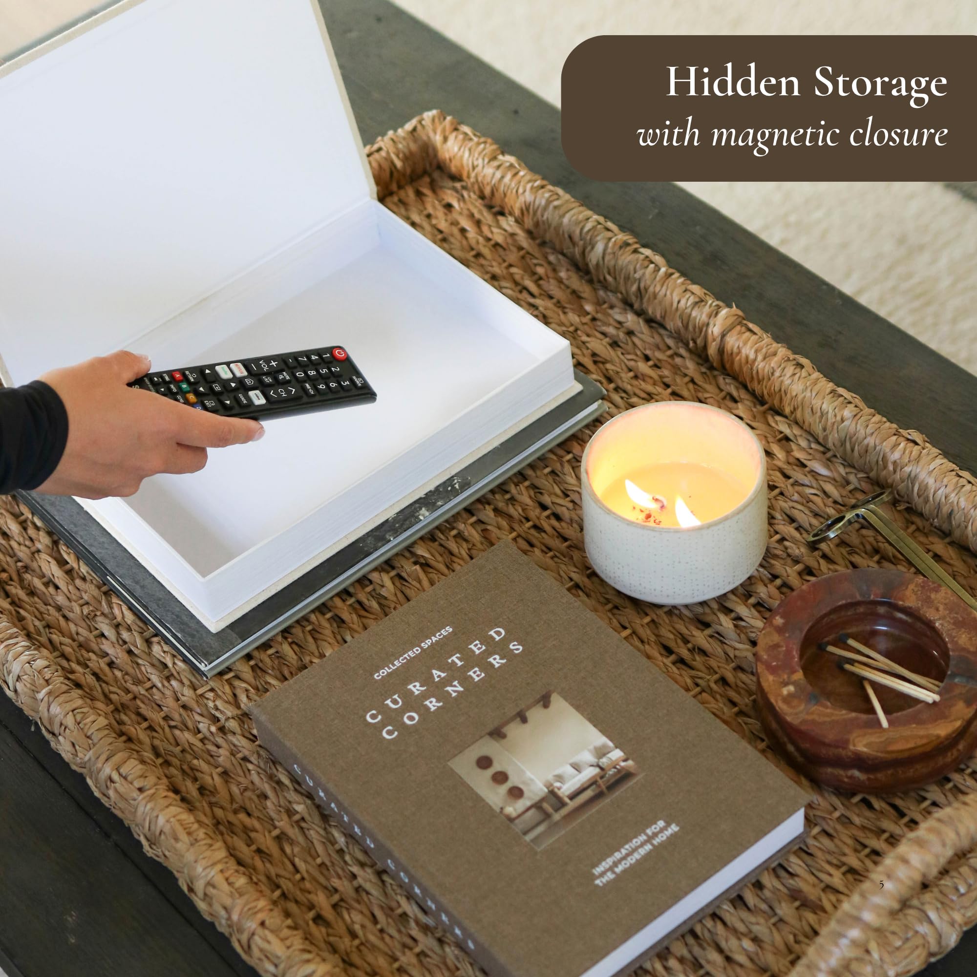Paige McRae Decorative Books hidden storage for remotes and gadgets.