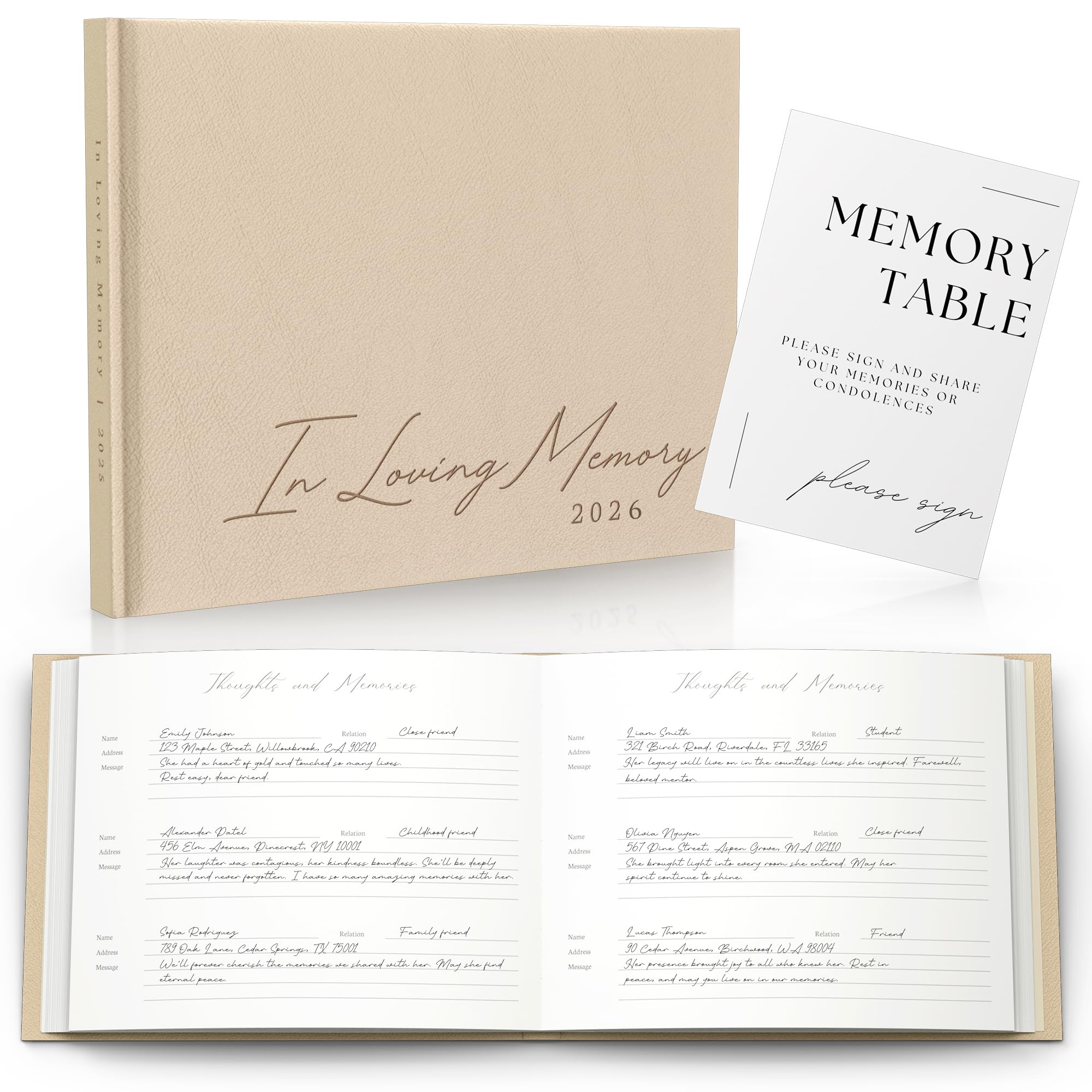 Paige McRae Funeral Guest Book beige leather cover, timeless ceremony keepsake.