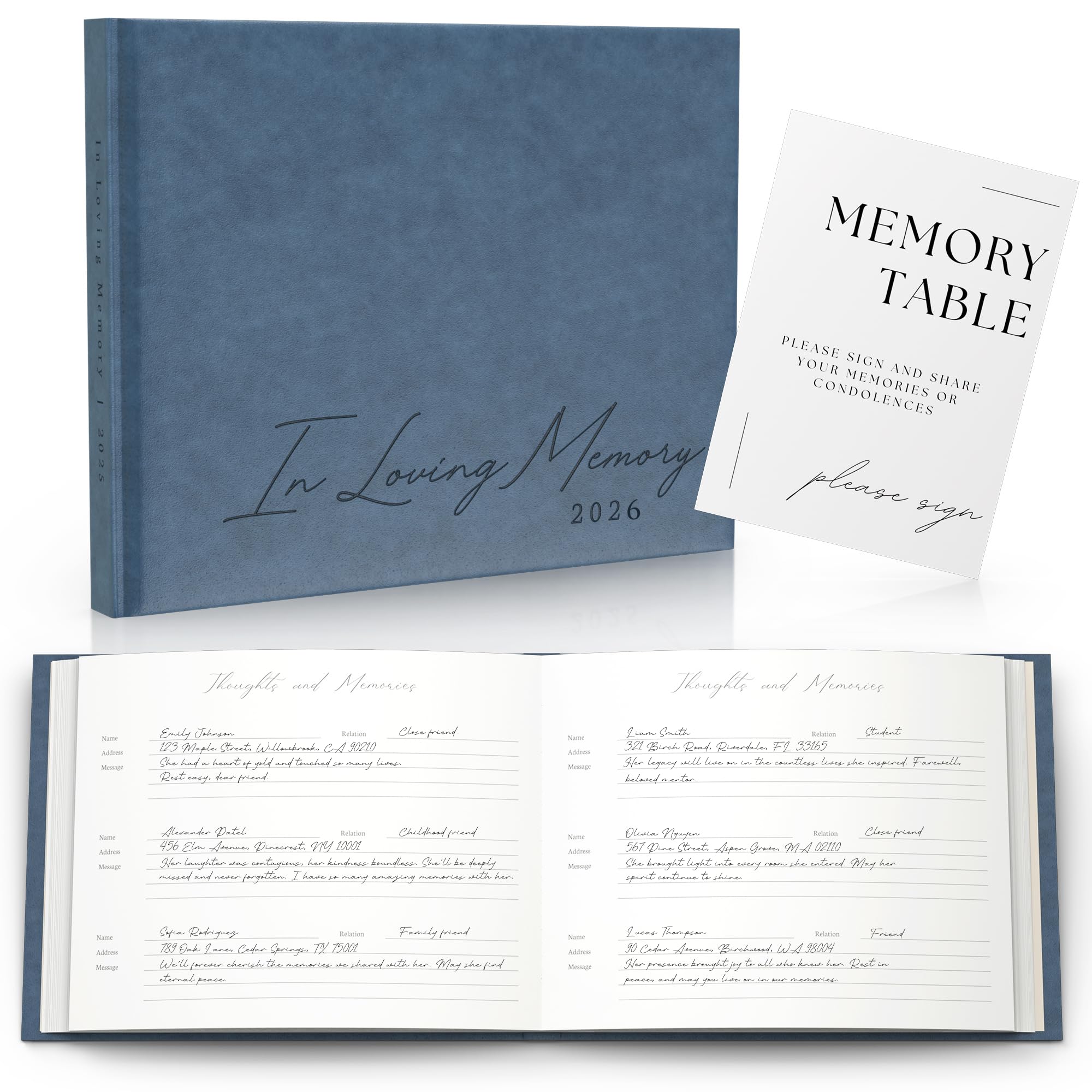 Paige McRae funeral guest book blue leather cover for lasting memories.