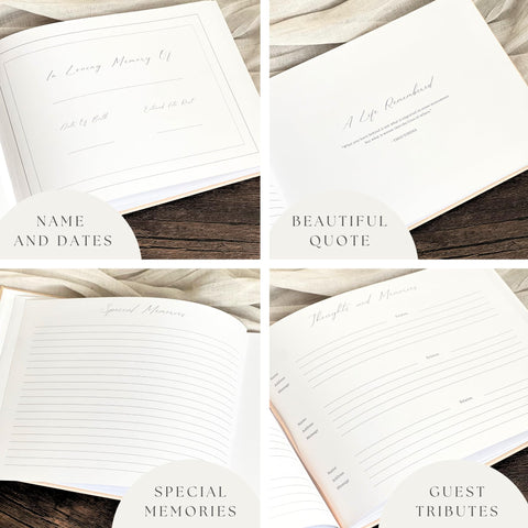 Paige McRae Funeral Guest Book navy blue option complements any service.