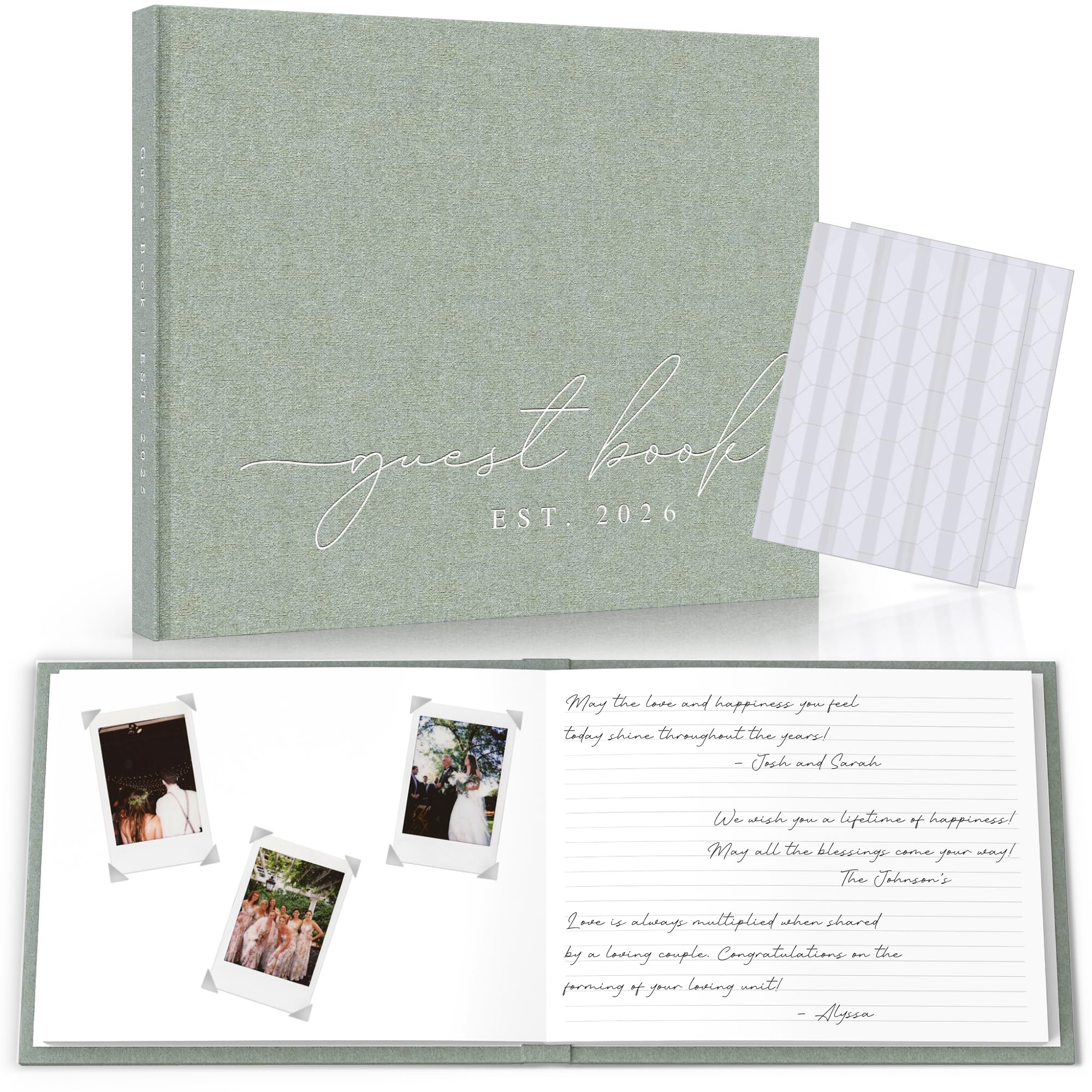 Paige McRae wedding guest book cover with neutral linen texture for timeless reception decor and keepsakes.