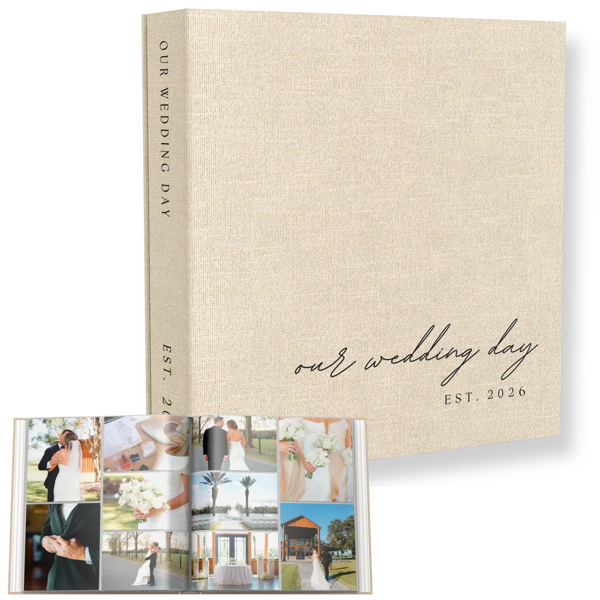 Paige McRae Wedding Photo Album beige linen cover shown on a coffee table