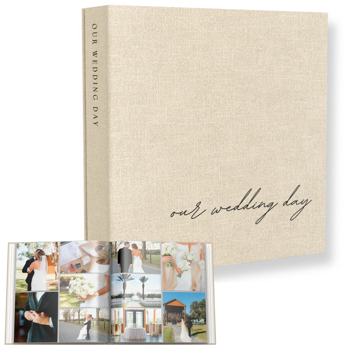 Paige McRae wedding photo album with beige linen cover, durable keepsake.