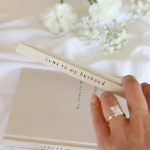 Paige McRae vow books stitched binding durable, flat lay friendly ceremony prop