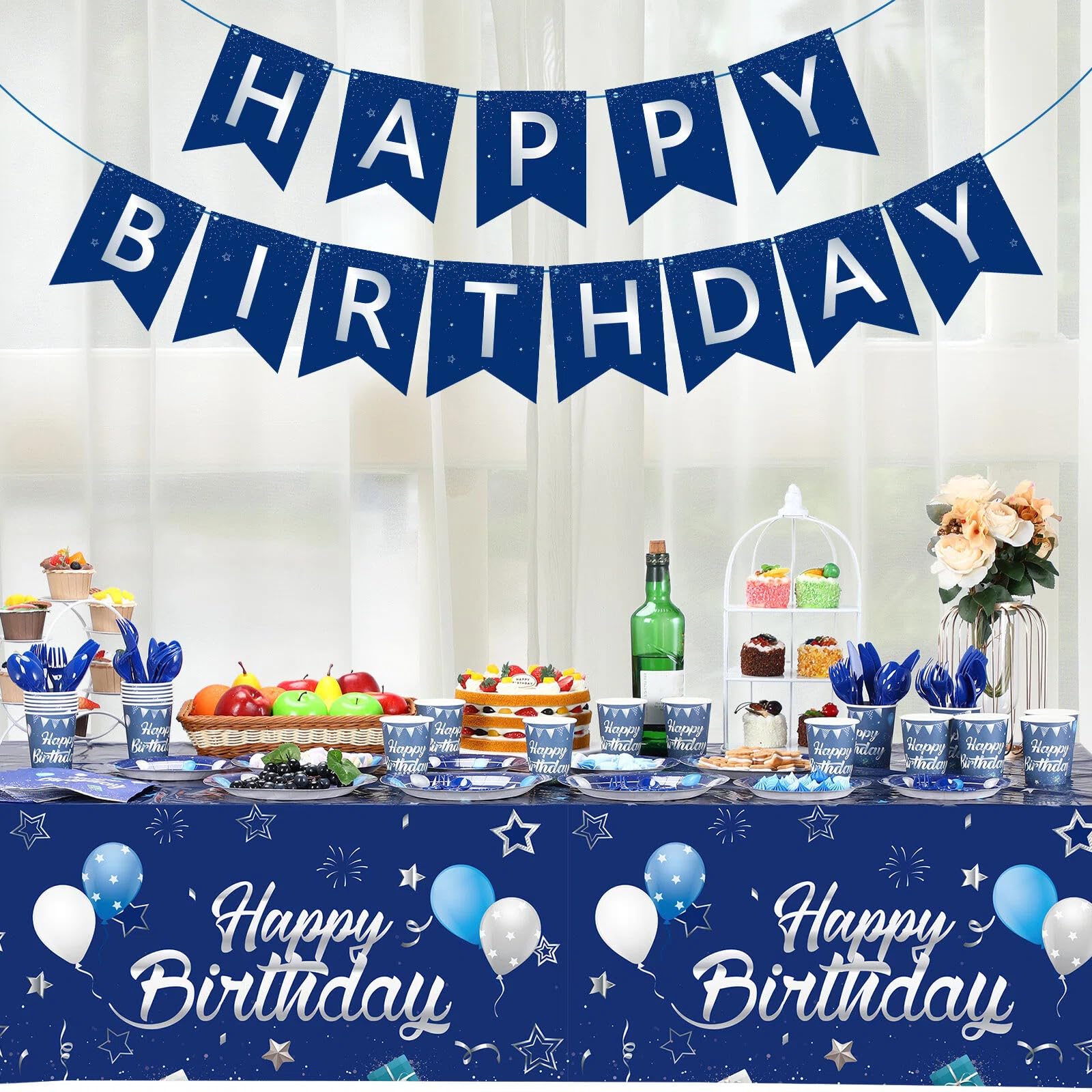 Pajean Blue birthday decor with stars and balloons boosts party atmosphere.