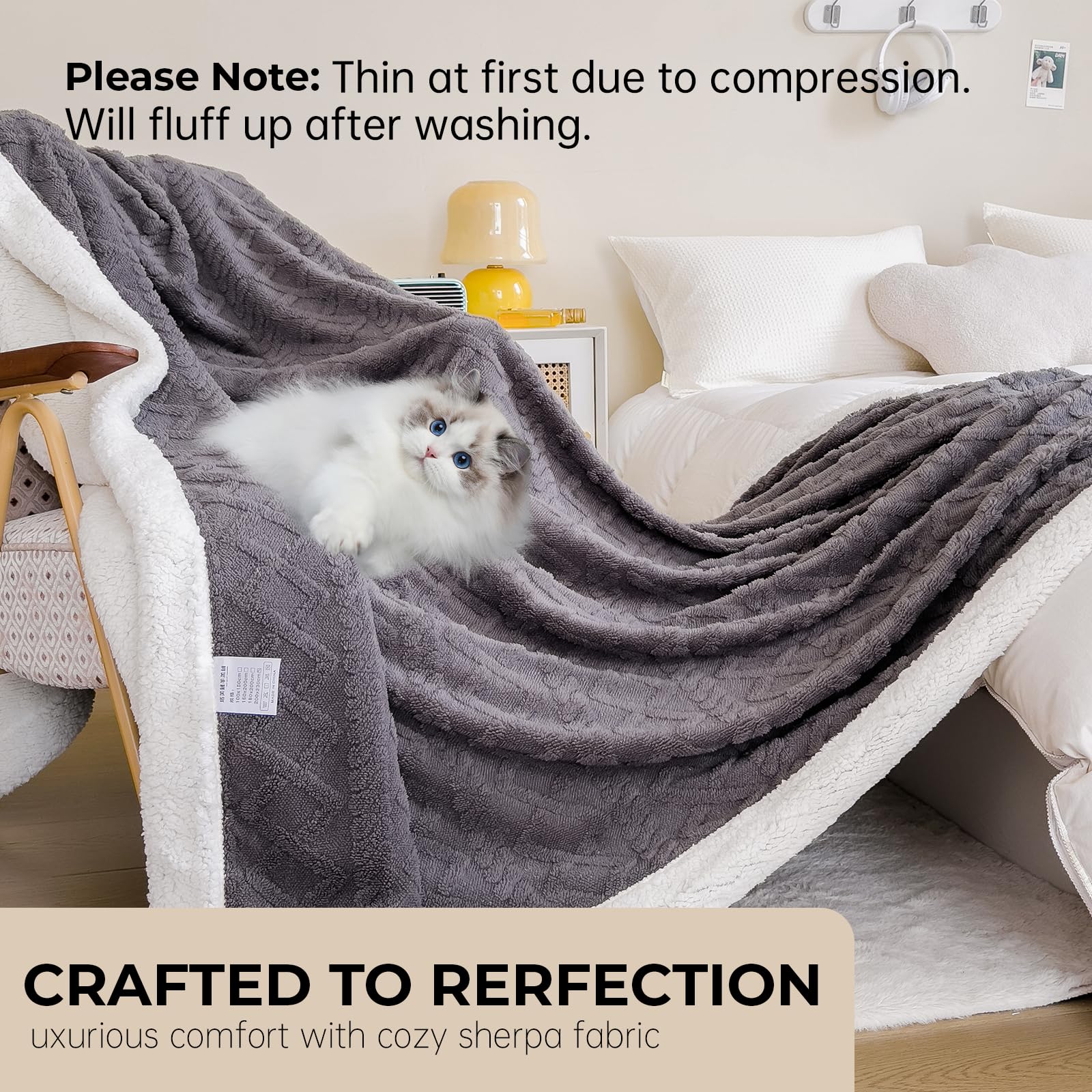 PAJEO Sherpa blanket featuring elegant textured jacquard finish enhances decor.