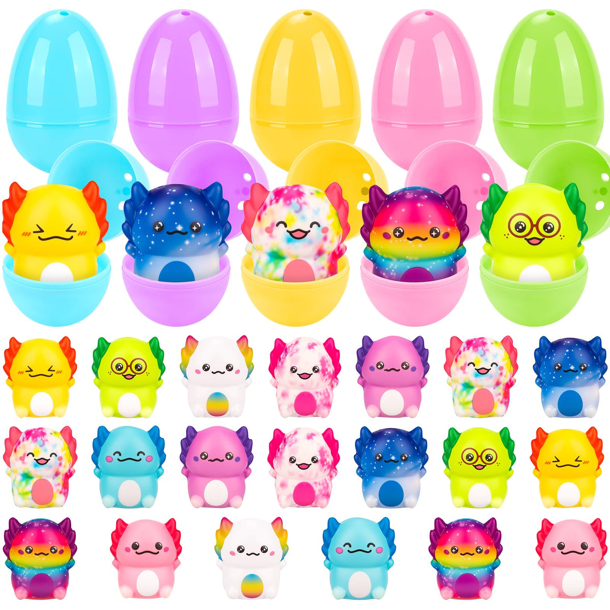 PAKSPAK Easter eggs with axolotl squishy toys inside for kids' egg hunts.