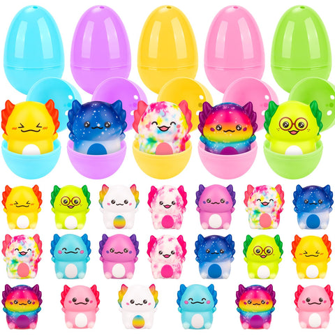 PAKSPAK Easter eggs with axolotl squishy toys inside for kids' egg hunts.