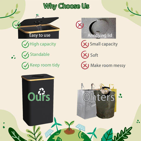 Pakusane bamboo handle provides durable, lightweight transport of the bin.
