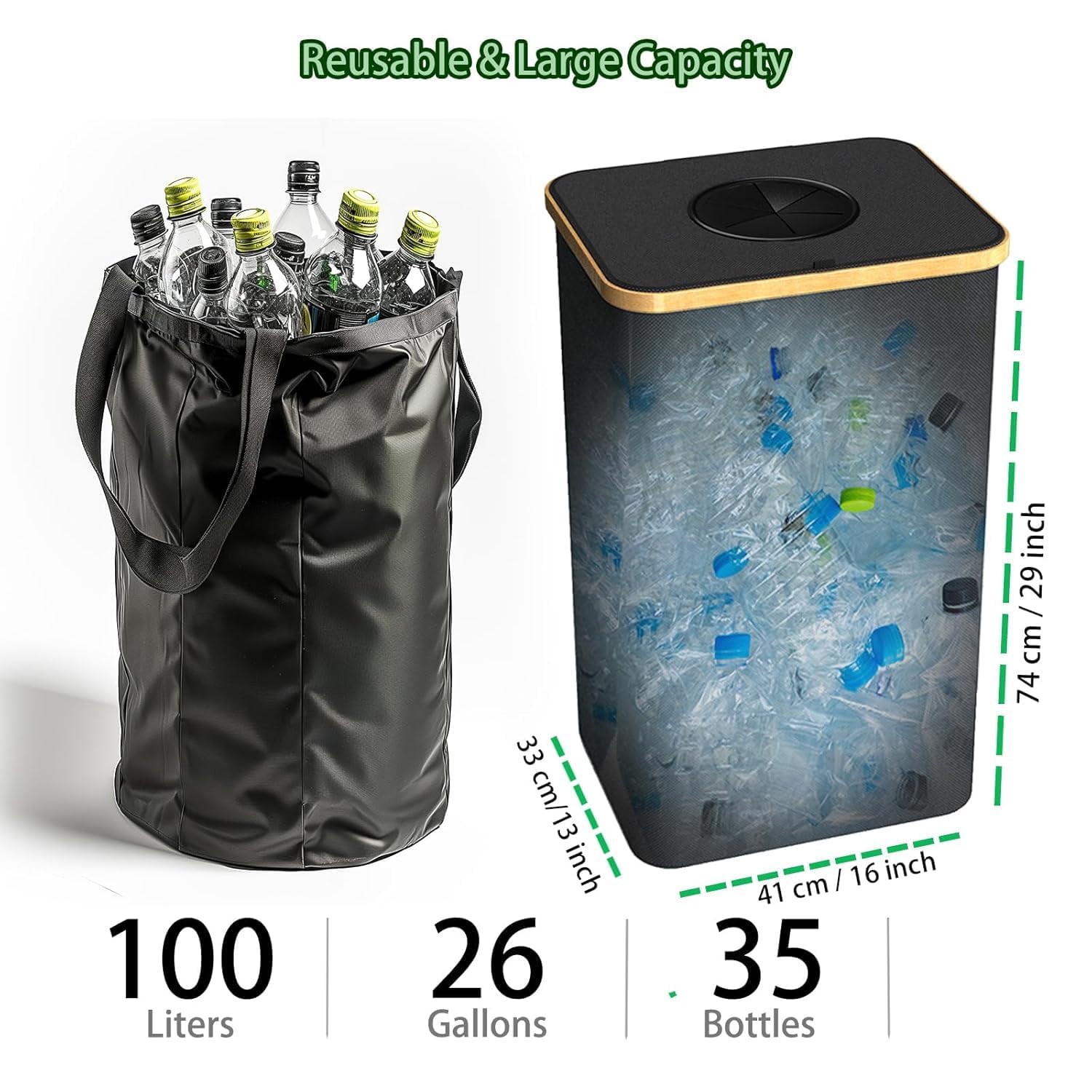 Pakusane recycling bin uses waterproof, sturdy oxford fabric.