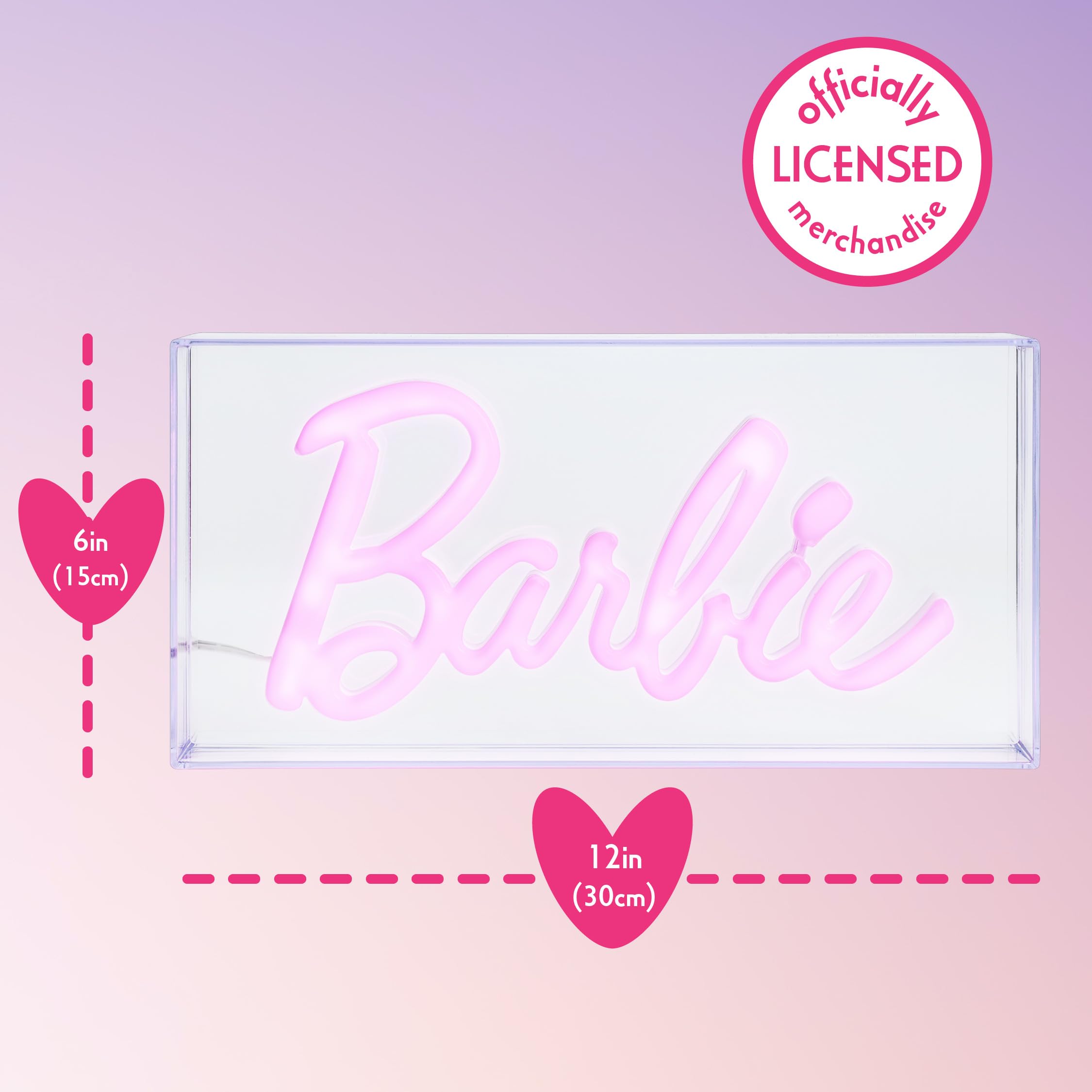 Paladone Barbie LED neon pink sign mounted on wall adds color to room.