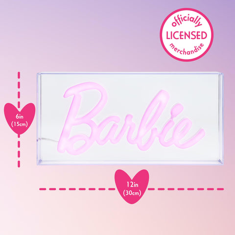 Paladone Barbie LED neon pink sign mounted on wall adds color to room.