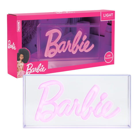 Paladone Barbie logo LED neon pink sign brightens a desk with playful glow.