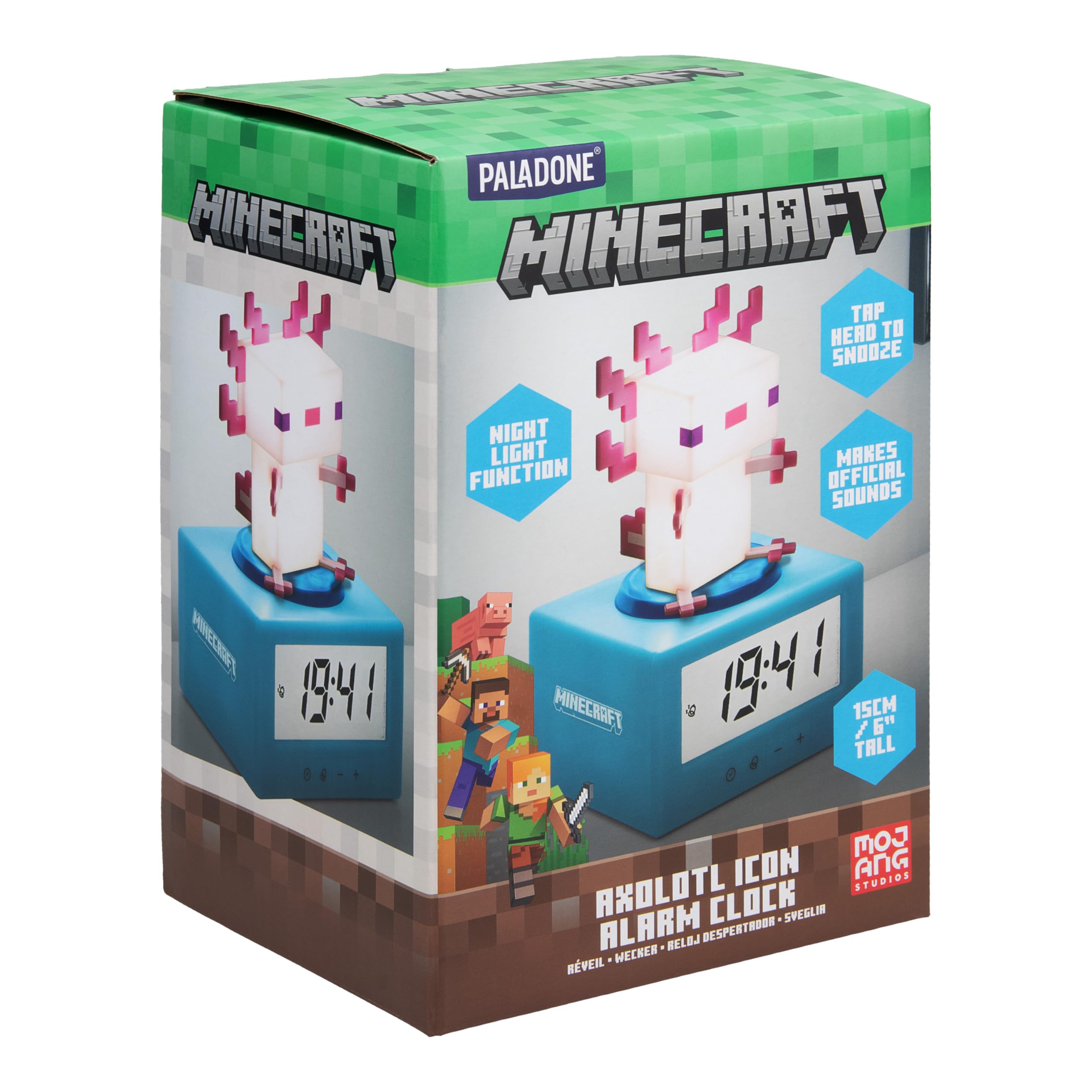 Paladone Minecraft Axolotl alarm clock battery powered for flexible placement.
