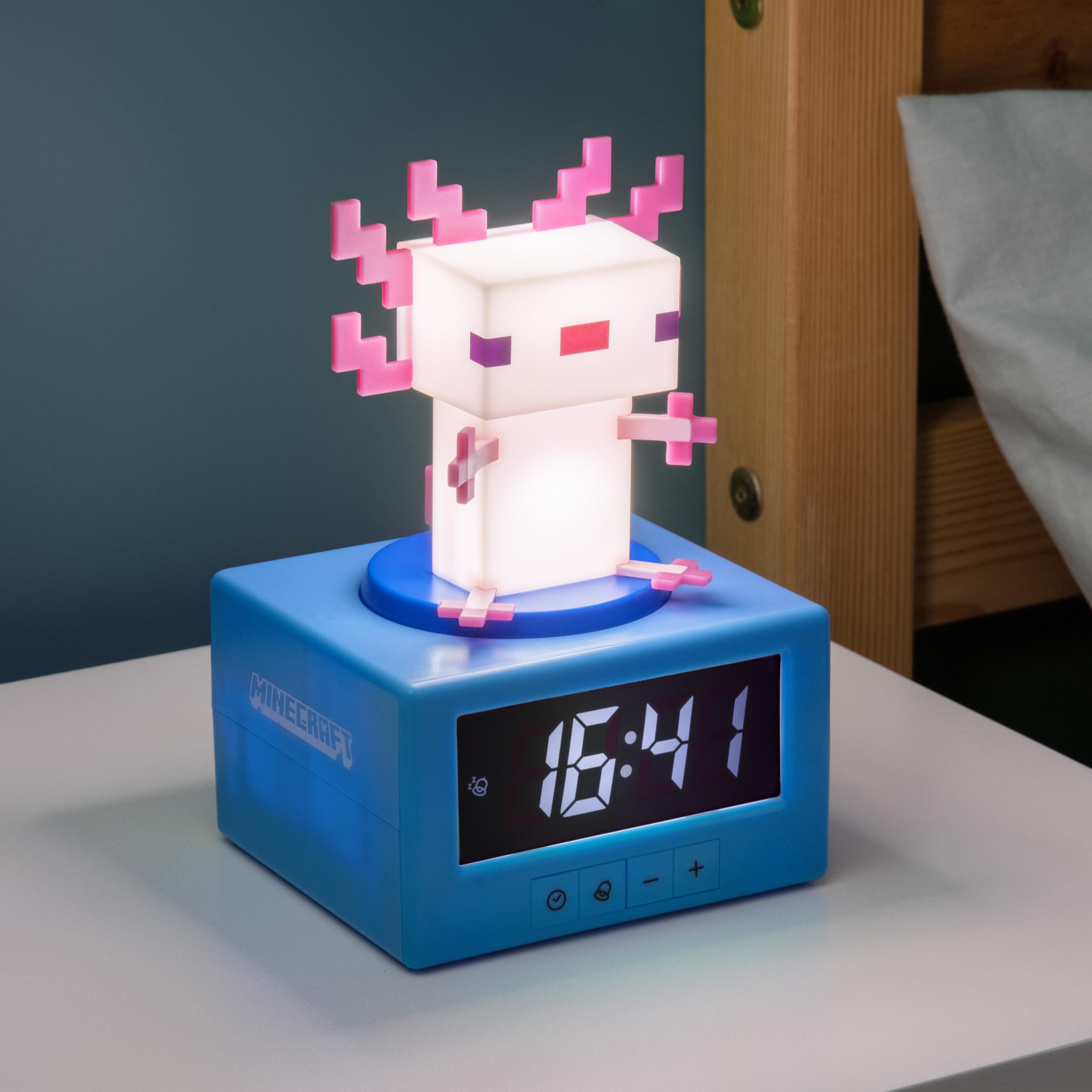 Paladone Minecraft Axolotl alarm clock bedside use supports easy night navigation.