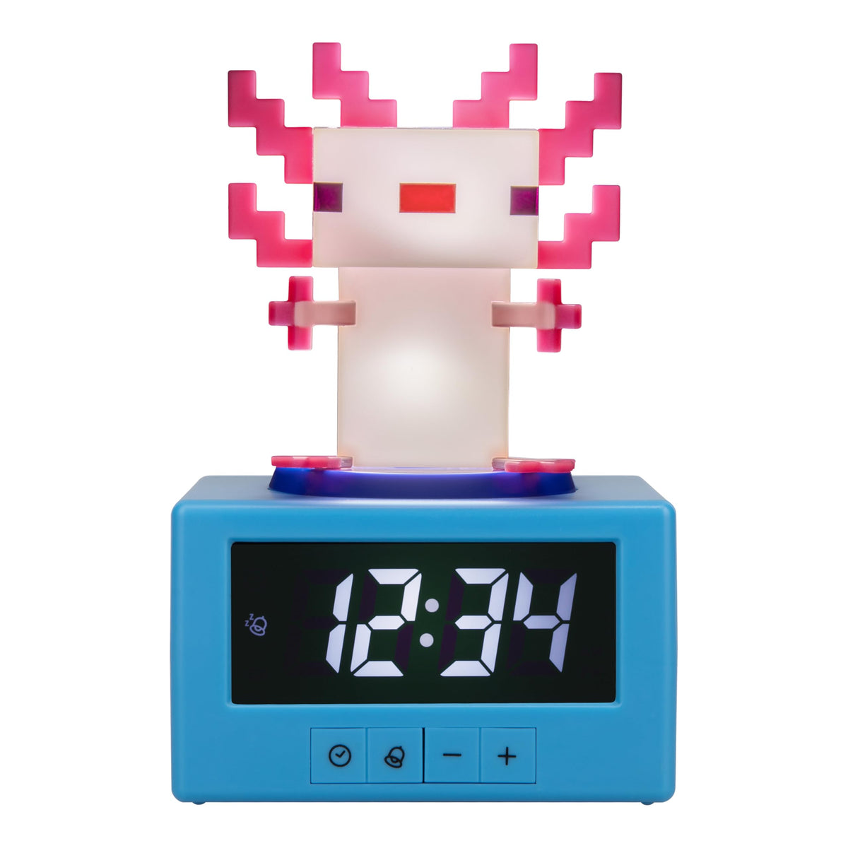 Paladone Minecraft Axolotl alarm clock front view, ideal for playful wake-ups in kids' rooms.