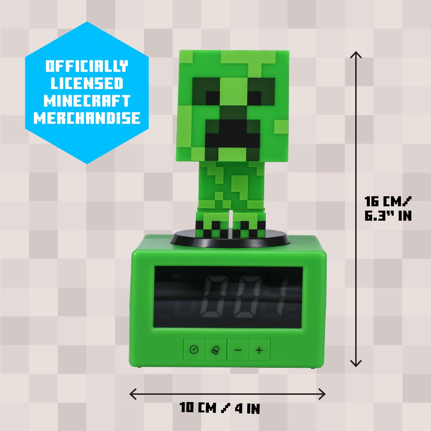 Paladone Minecraft Creeper alarm clock back view, battery compartment for cord-free placement.