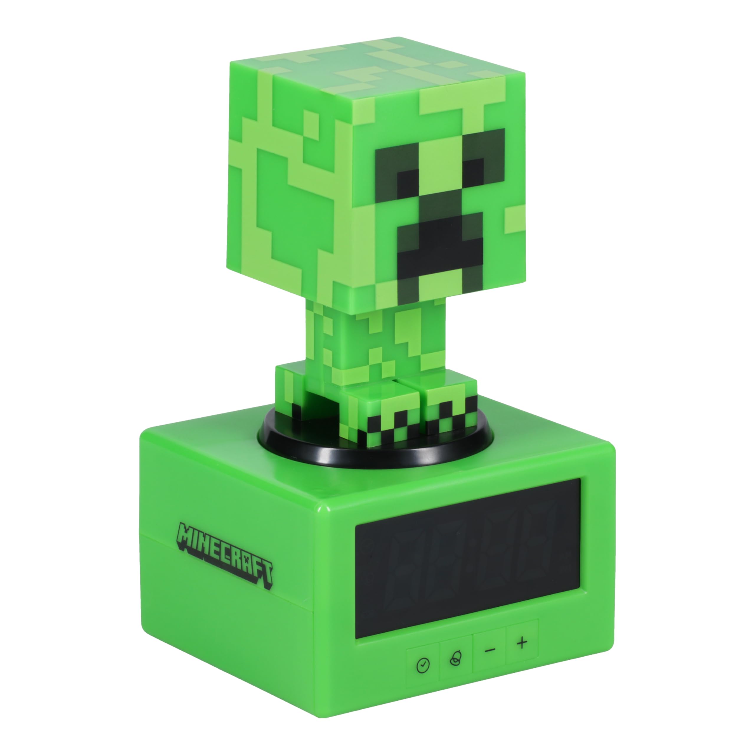 Paladone Minecraft Creeper alarm clock front view, a playful bedside companion with built-in alarm.