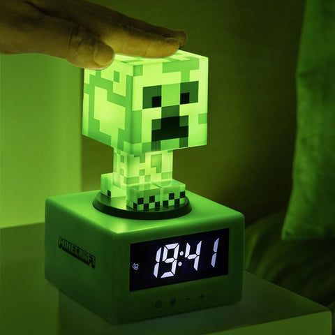 Paladone Minecraft Creeper alarm clock side view, compact 6.3-inch design fits desks.