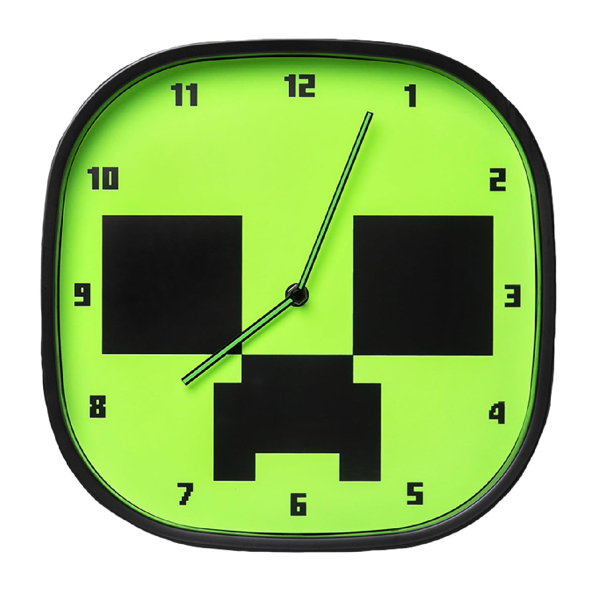 Paladone Minecraft Creeper glow clock front view, glow-in-the-dark centerpiece for gamer bedrooms.
