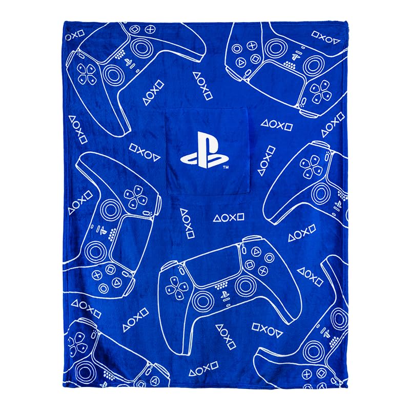 Paladone PlayStation 2-in-1 cushion blanket close-up texture, plush fibers and symbols.