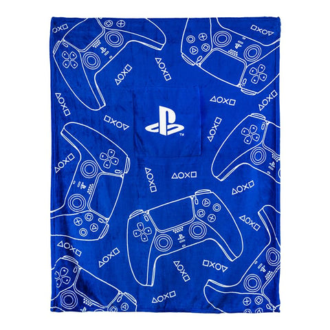 Paladone PlayStation 2-in-1 cushion blanket close-up texture, plush fibers and symbols.