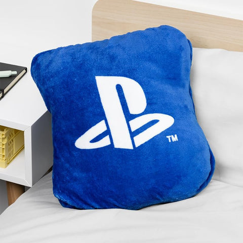 Paladone PlayStation 2-in-1 cushion blanket folded cushion view, compact travel-ready comfort.