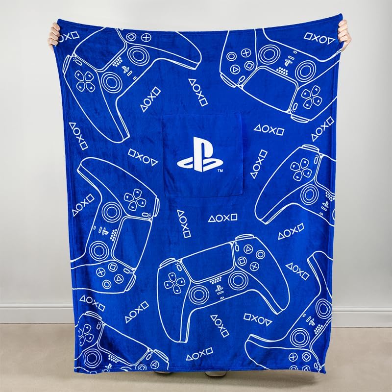 Paladone PlayStation 2-in-1 cushion blanket reversible pouch, convenient storage for accessories.