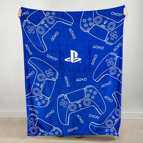 Paladone PlayStation 2-in-1 cushion blanket reversible pouch, convenient storage for accessories.