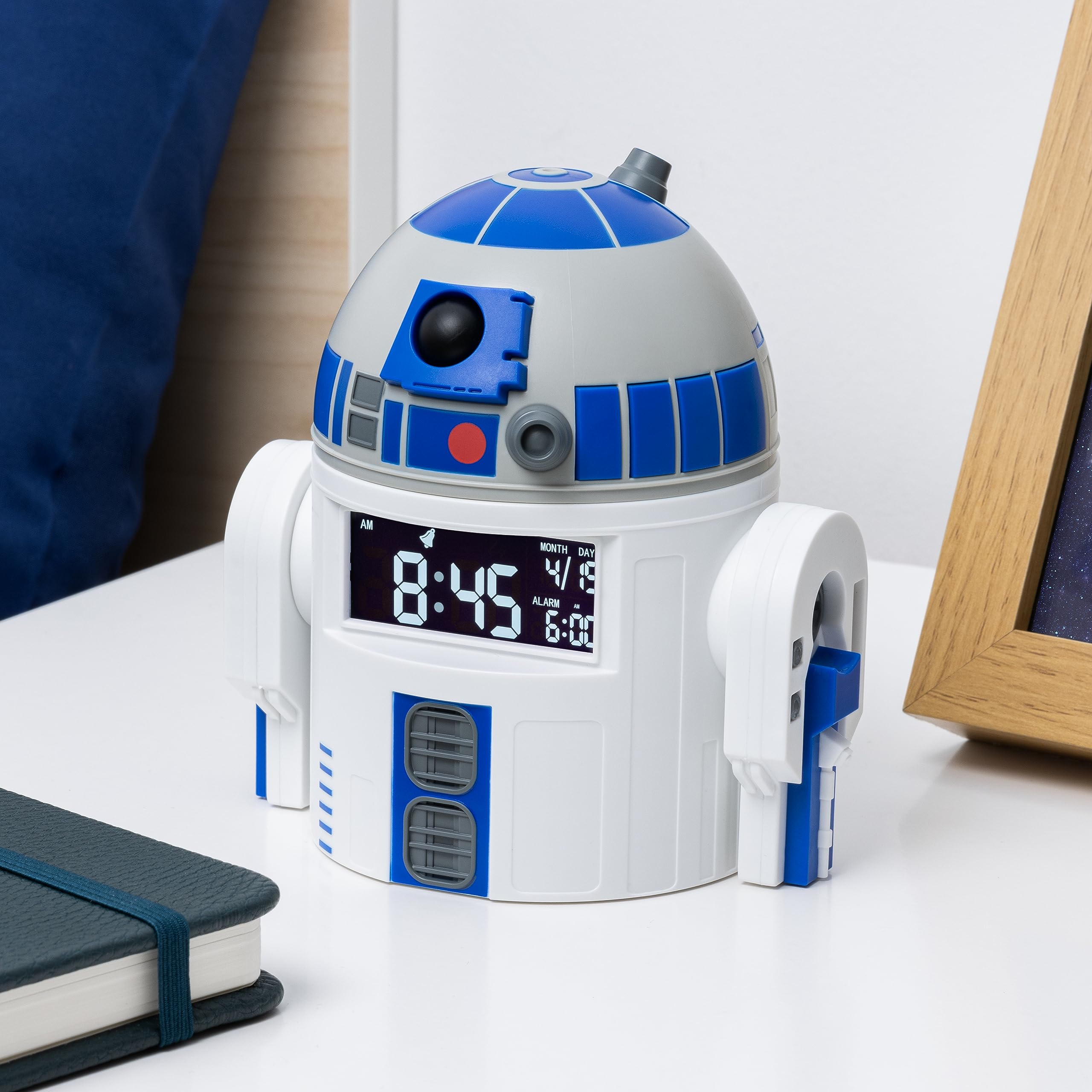 Paladone R2-D2 alarm clock side view highlighting a compact bedside footprint.