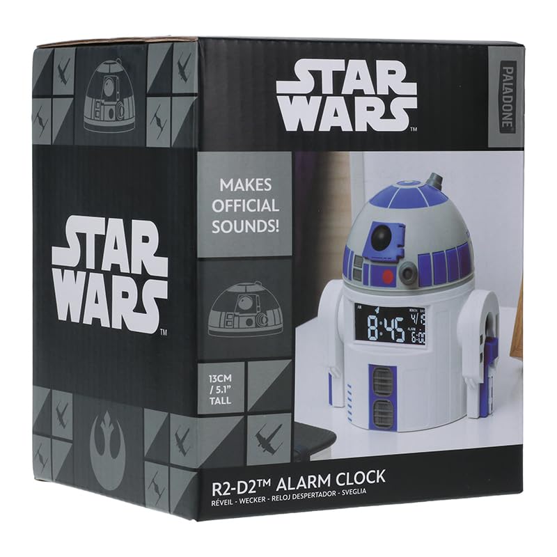 Paladone R2-D2 alarm clock UK design origin badge in focus.