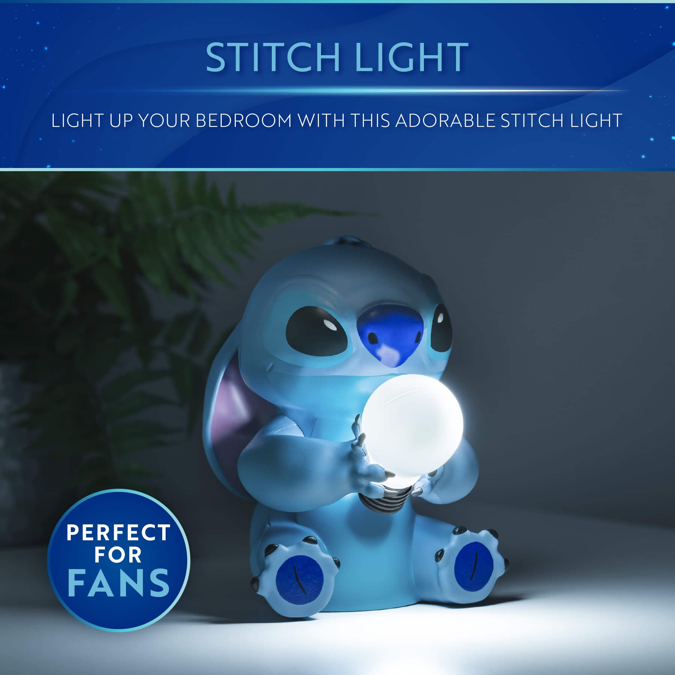 Closeup of Stitch face on Paladone lamp adds playful Disney decor.