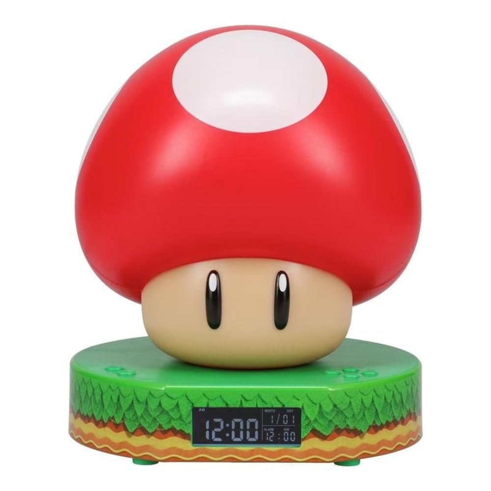 Paladone Super Mario Mushroom alarm clock glows softly at night for easy bedtime wakeups.