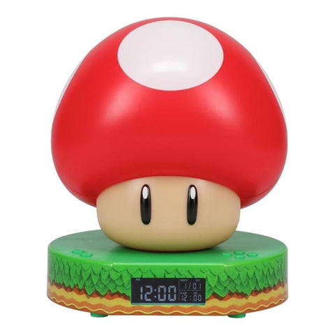 Paladone Super Mario Mushroom alarm clock glows softly at night for easy bedtime wakeups.