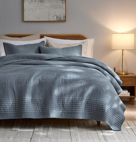 Palassio striped blue grey quilt cal king — breathable cotton for all-season comfort.