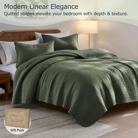 Palassio striped olive green quilt channel stitch design suits modern and farmhouse rooms