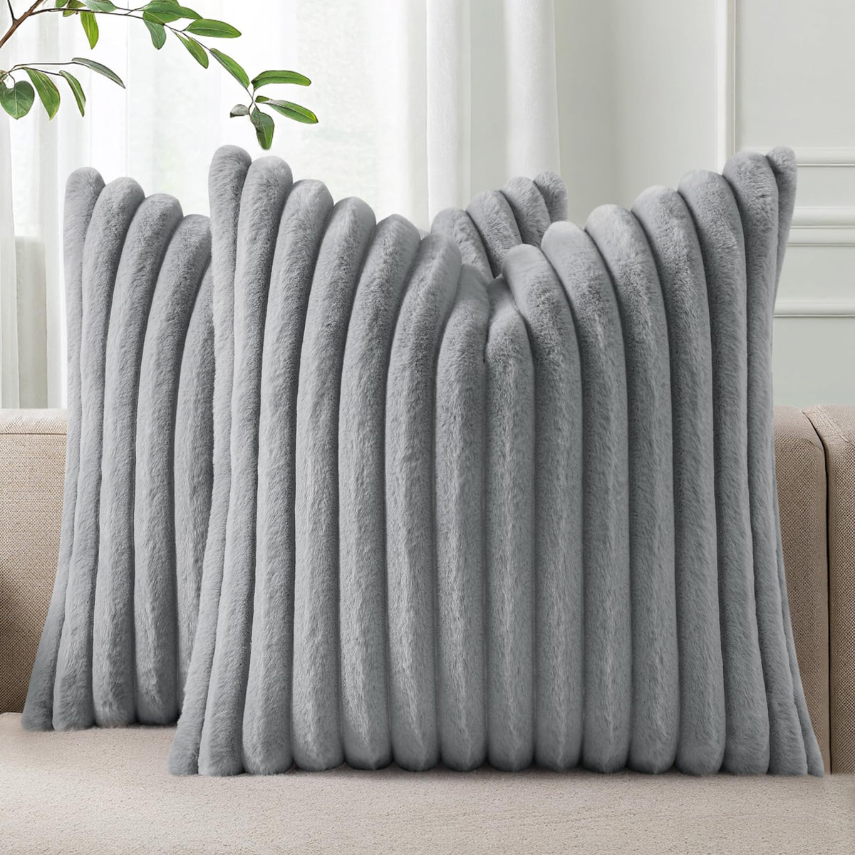 Pallene faux fur plush throw pillow cover with stripe front for stylish living room decor