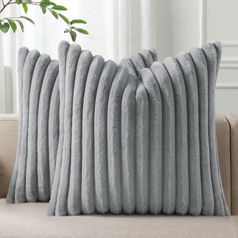 Pallene faux fur plush throw pillow cover with stripe front for stylish living room decor
