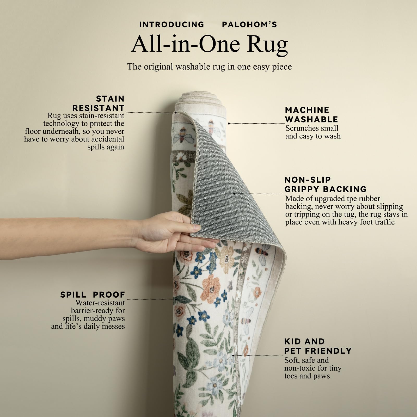 Palohom machine-washable rug allows easy cleaning in cold water.