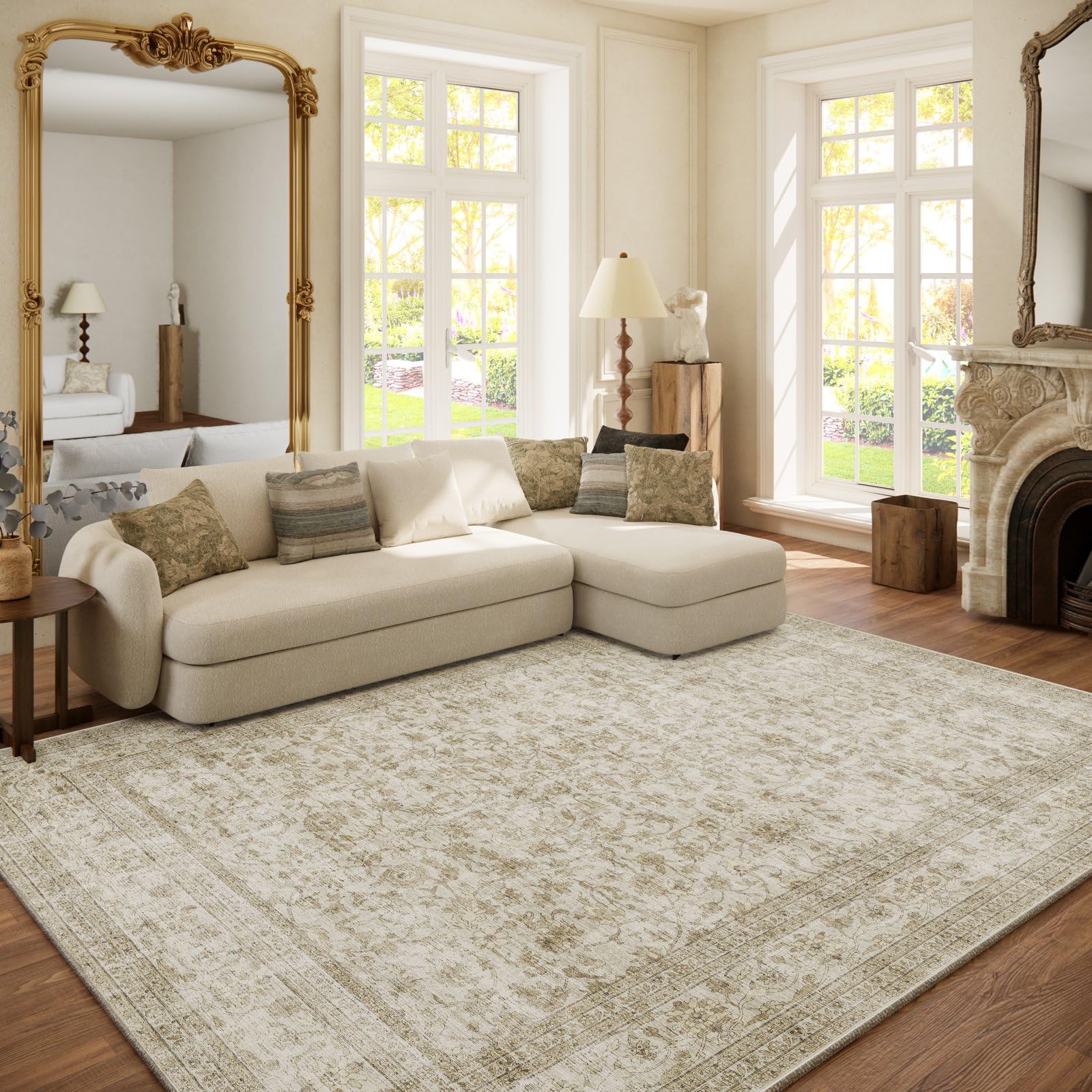 Palohom 6x9 washable rug in living room front view, easy cleaning for busy homes.
