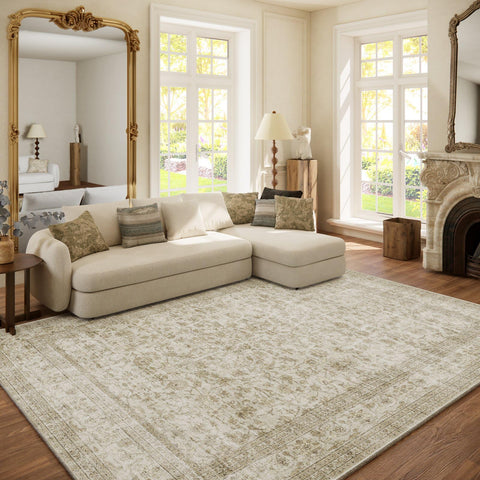 Palohom 6x9 washable rug in living room front view, easy cleaning for busy homes.