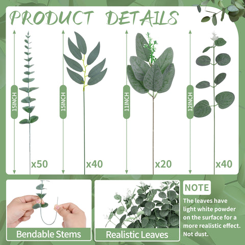 Palonu artificial eucalyptus stems bendable for flexible bouquet design.