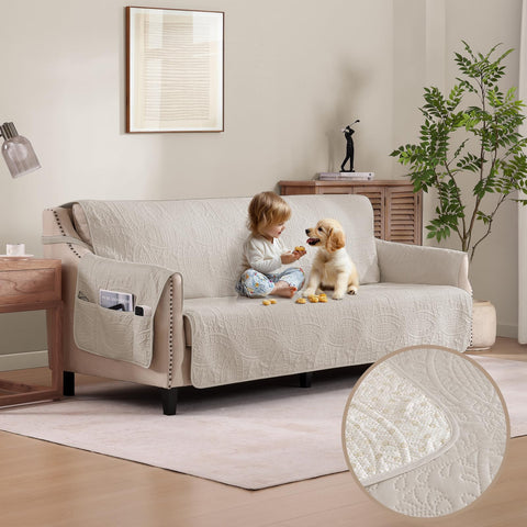 Pamhaven quilted beige sofa slipcover with medallion pattern for refined protection