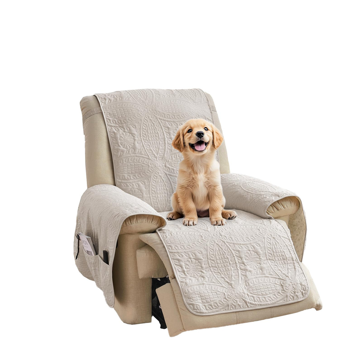 Pamhaven beige cream recliner cover with medallion quilting protects against spills and pet hair.