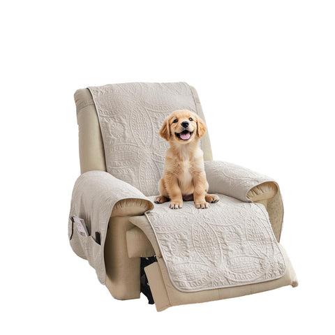 Pamhaven beige cream recliner cover with medallion quilting protects against spills and pet hair.