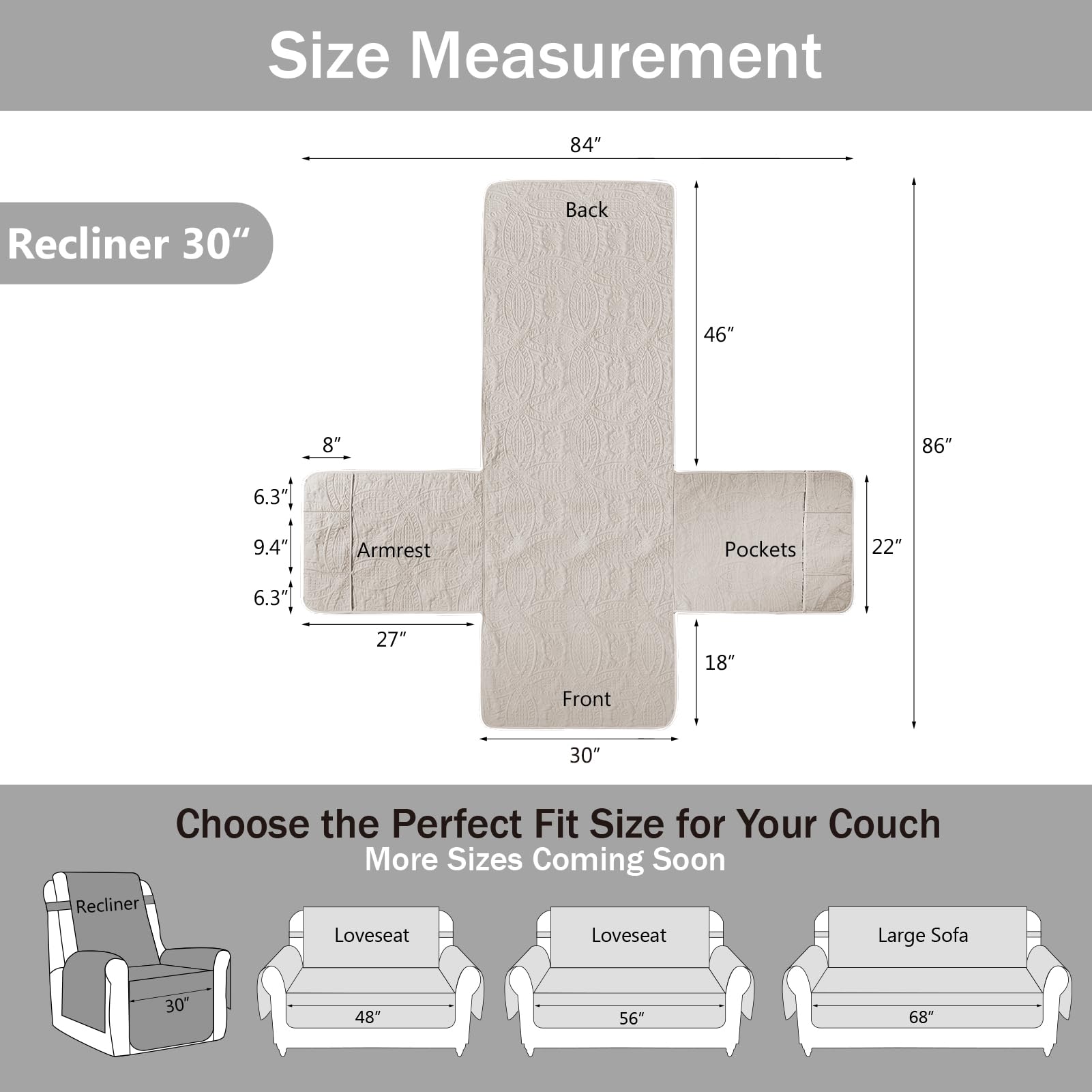 Pamhaven recliner cover designed for 28–30 inch recliners and easy setup.
