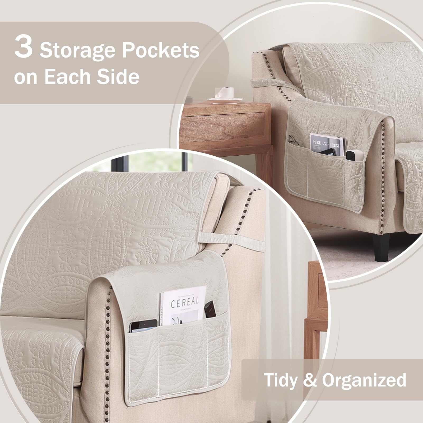 Pamhaven recliner cover includes side pockets for remotes and devices.